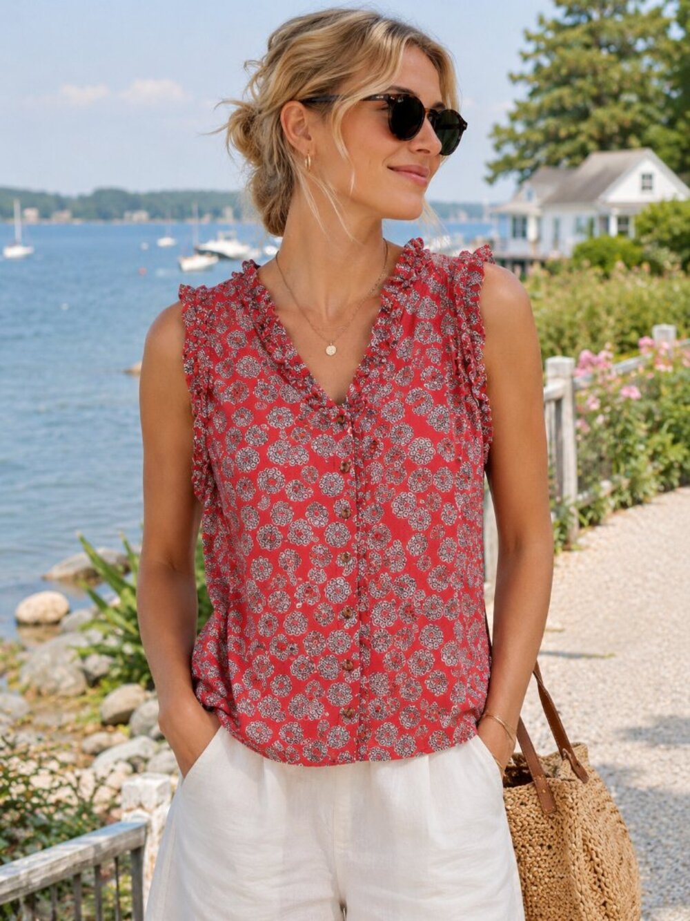 Anthropologie Maeve Raybe Red Floral Tank Top with ruffles sz 6